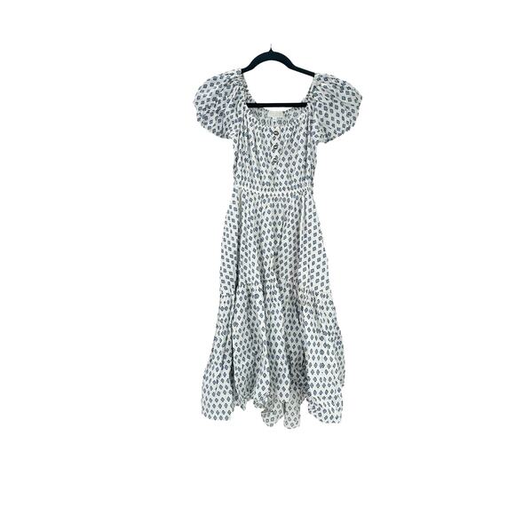 Caroline Consta Bardot Mini Flounce Dress Cap Sleeve Printed White Size XS - Picture 9 of 13